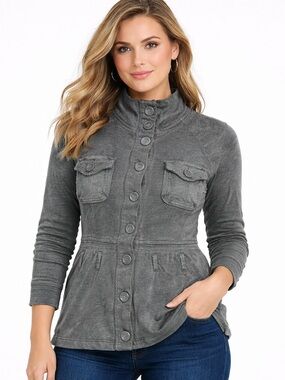 Free People Jacket Medium Olive Green Button Front Utility Cotton Top